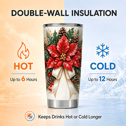 Red Poinsettia Tumbler 20oz, Christmas Floral Stainless Steel Travel Cup