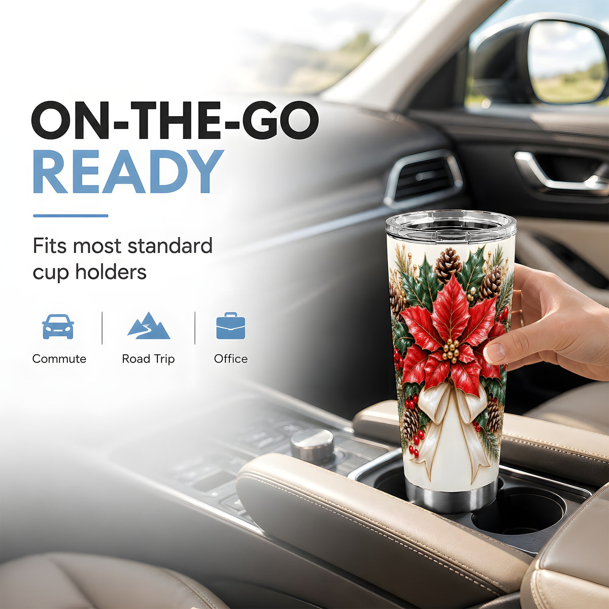 Red Poinsettia Tumbler 20oz, Christmas Floral Stainless Steel Travel Cup