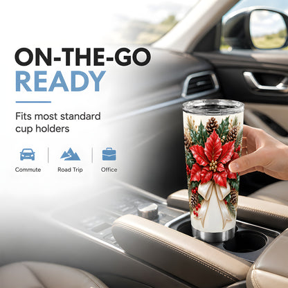 Red Poinsettia Tumbler 20oz, Christmas Floral Stainless Steel Travel Cup