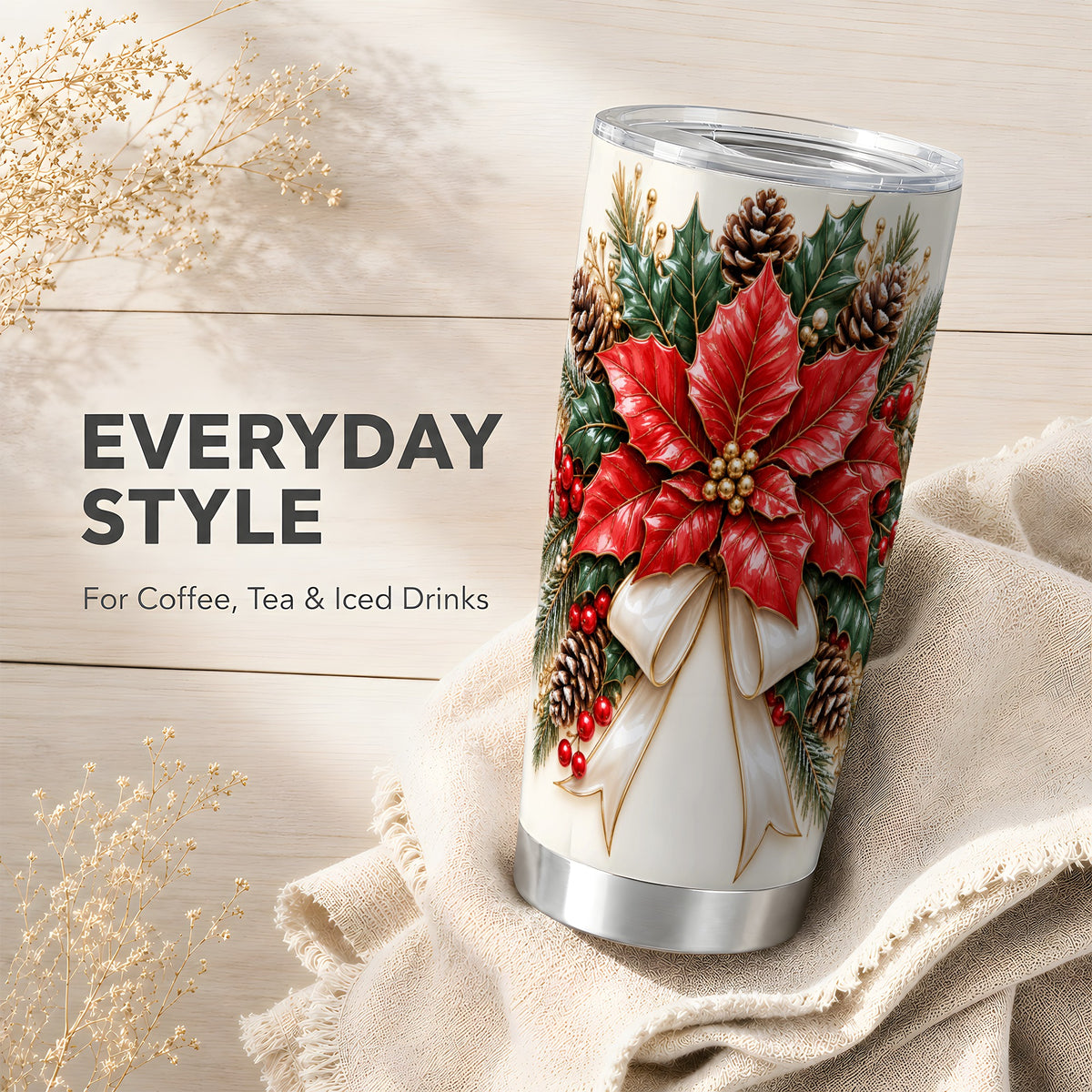 Red Poinsettia Tumbler 20oz, Christmas Floral Stainless Steel Travel Cup