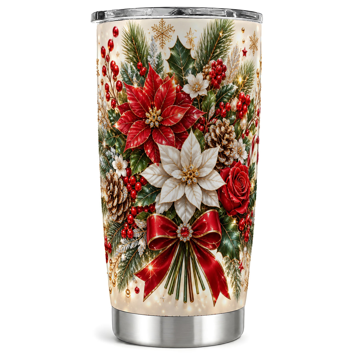 Christmas Floral Tumbler 20oz, Poinsettia Stainless Steel Travel Cup