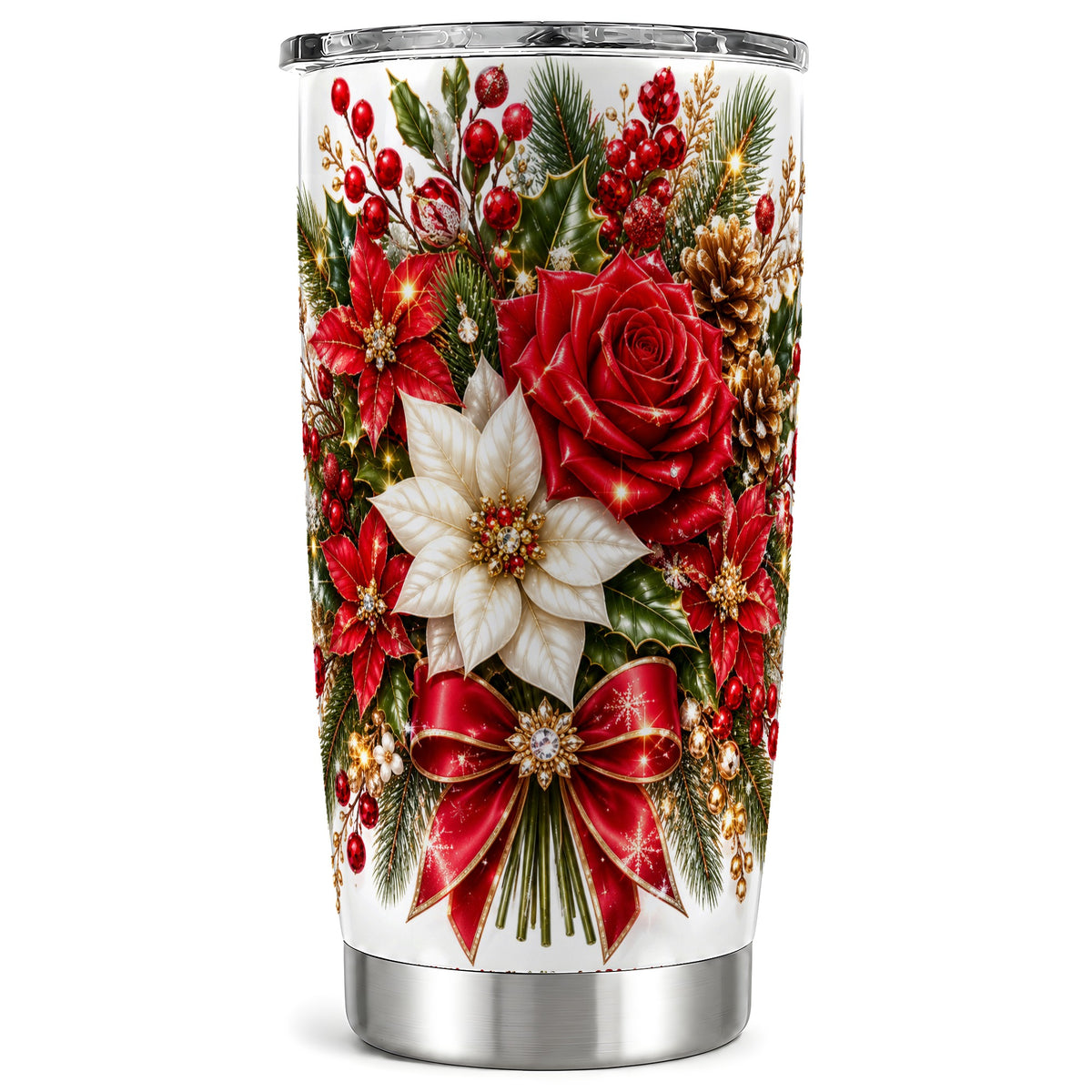 Christmas Rose Tumbler 20oz, Festive Floral Stainless Steel Travel Cup