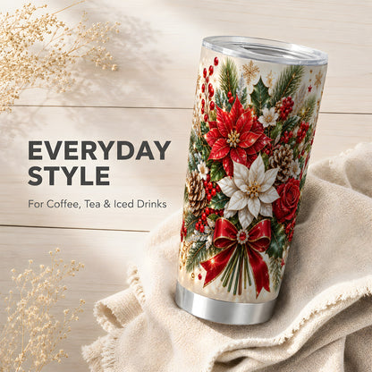 Christmas Floral Tumbler 20oz, Poinsettia Stainless Steel Travel Cup
