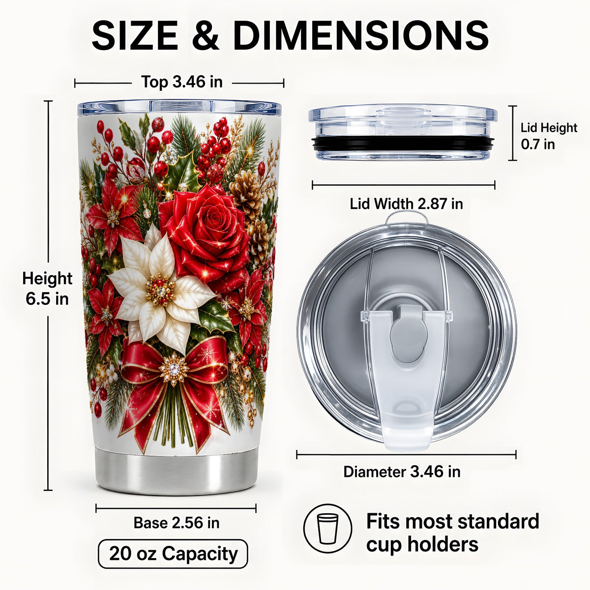 #pl[20oz|Steel] Christmas Rose Tumbler 20oz, Festive Floral Stainless Steel Travel Cup