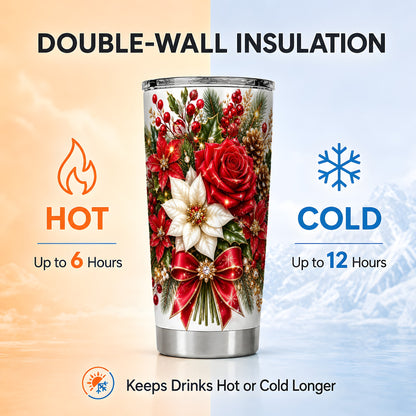Christmas Rose Tumbler 20oz, Festive Floral Stainless Steel Travel Cup