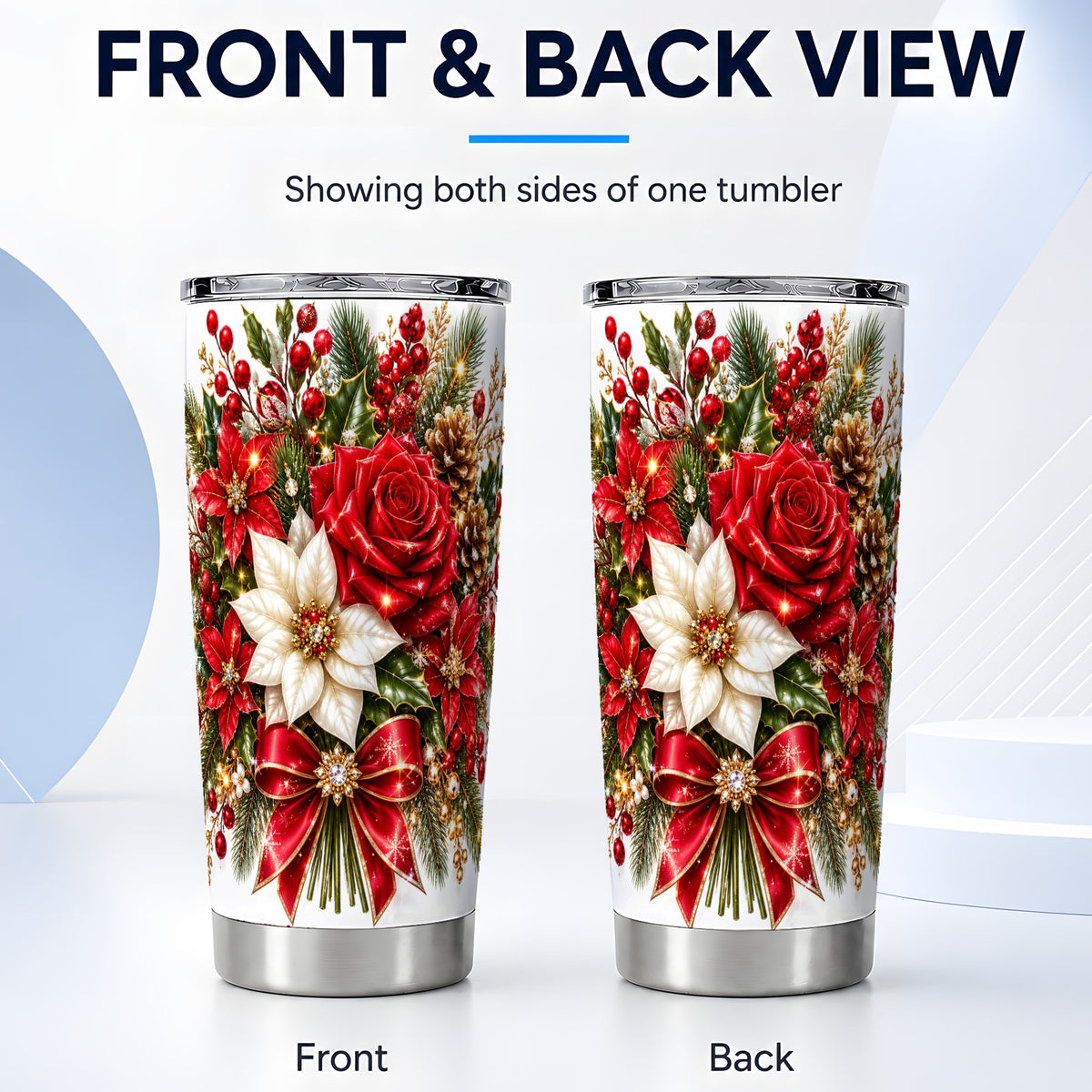 #pl[20oz|Steel] Christmas Rose Tumbler 20oz, Festive Floral Stainless Steel Travel Cup