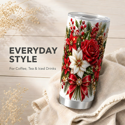Christmas Rose Tumbler 20oz, Festive Floral Stainless Steel Travel Cup
