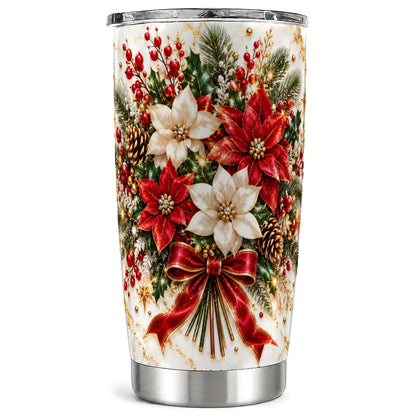 Red White Poinsettia Tumbler 20oz, Christmas Stainless Steel Travel Cup