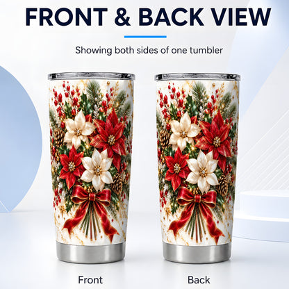 #pl[20oz|Steel] Red White Poinsettia Tumbler 20oz, Christmas Stainless Steel Travel Cup