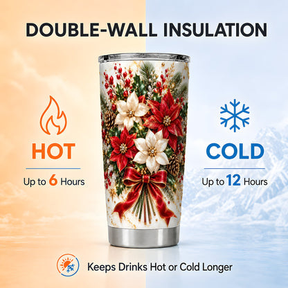 Red White Poinsettia Tumbler 20oz, Christmas Stainless Steel Travel Cup
