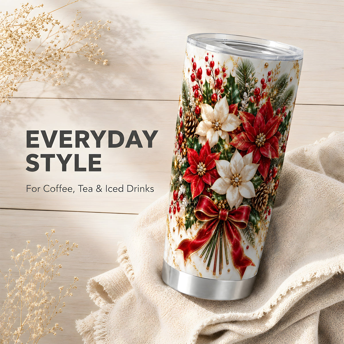 Red White Poinsettia Tumbler 20oz, Christmas Stainless Steel Travel Cup