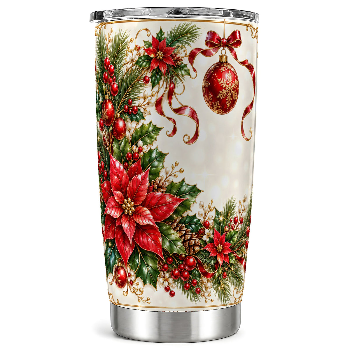 Vintage Christmas Tumbler 20oz, Poinsettia Stainless Steel Travel Cup