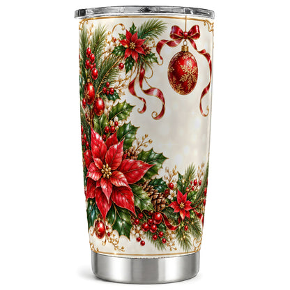 Vintage Christmas Tumbler 20oz, Poinsettia Stainless Steel Travel Cup