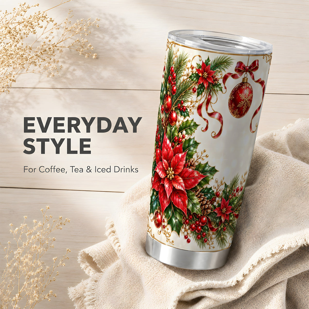 Vintage Christmas Tumbler 20oz, Poinsettia Stainless Steel Travel Cup