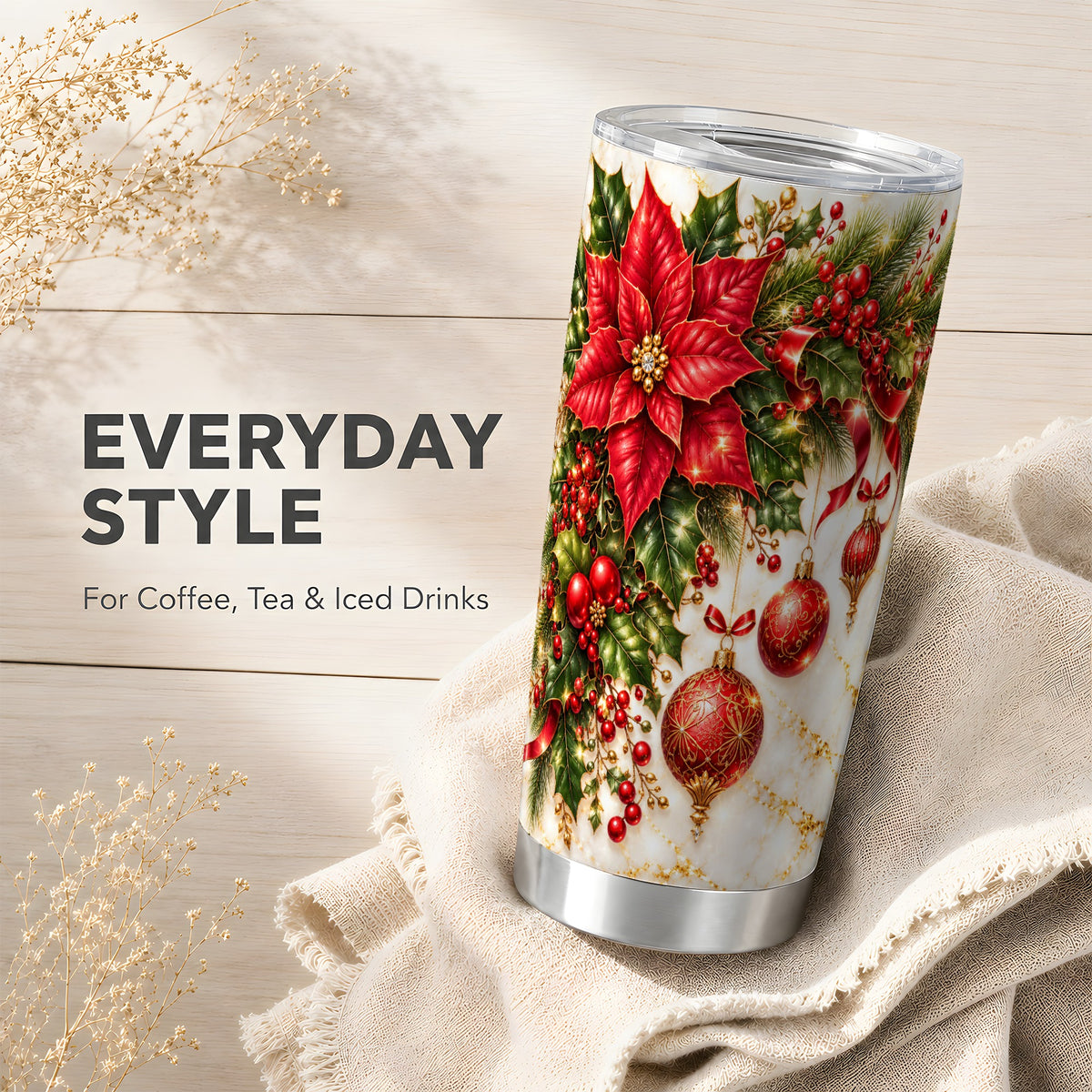 Christmas Ornaments Tumbler 20oz, Poinsettia Stainless Steel Travel Cup