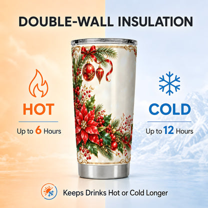 Christmas Floral Tumbler 20oz, Poinsettia Stainless Steel Travel Cup