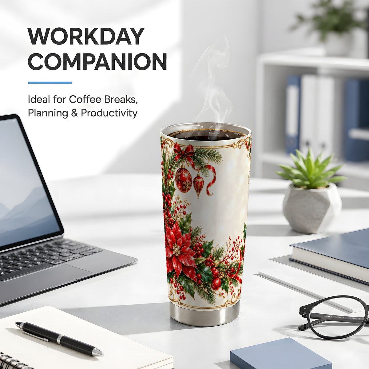 Christmas Floral Tumbler 20oz, Poinsettia Stainless Steel Travel Cup