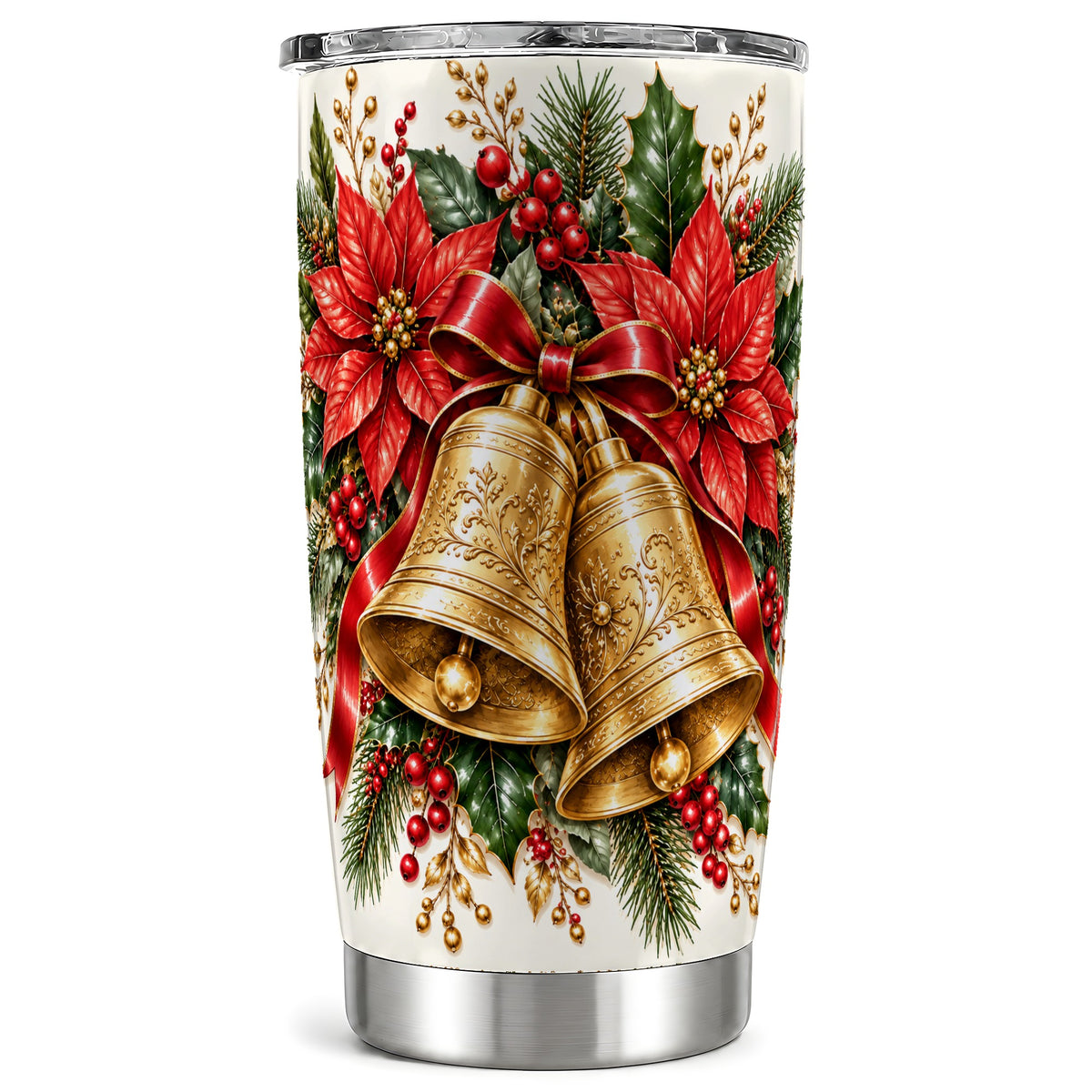Golden Christmas Bells Tumbler 20oz, Holiday Stainless Steel Travel Cup