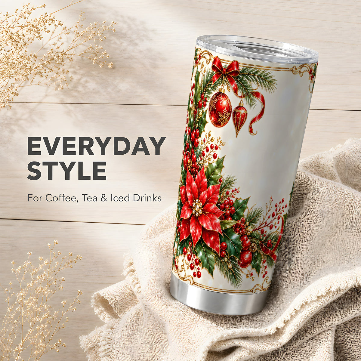Christmas Floral Tumbler 20oz, Poinsettia Stainless Steel Travel Cup