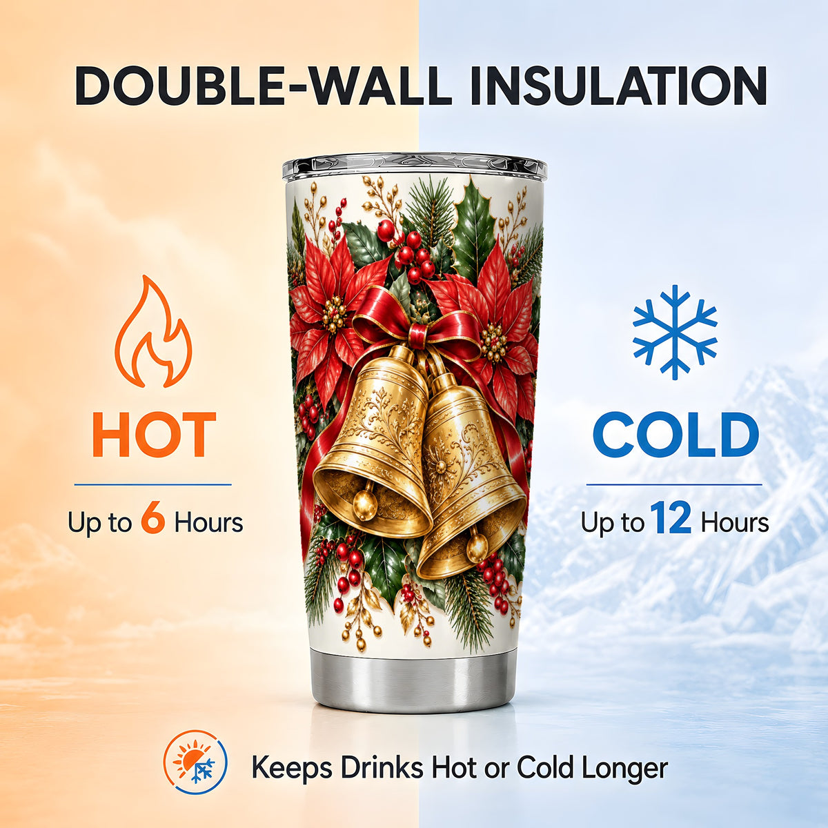 Golden Christmas Bells Tumbler 20oz, Holiday Stainless Steel Travel Cup