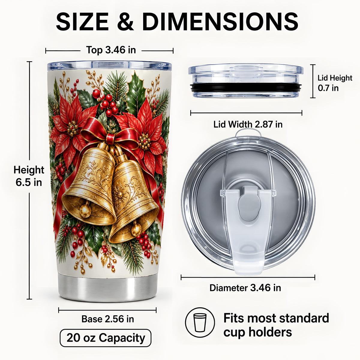#pl[20oz|Steel] Golden Christmas Bells Tumbler 20oz, Holiday Stainless Steel Travel Cup