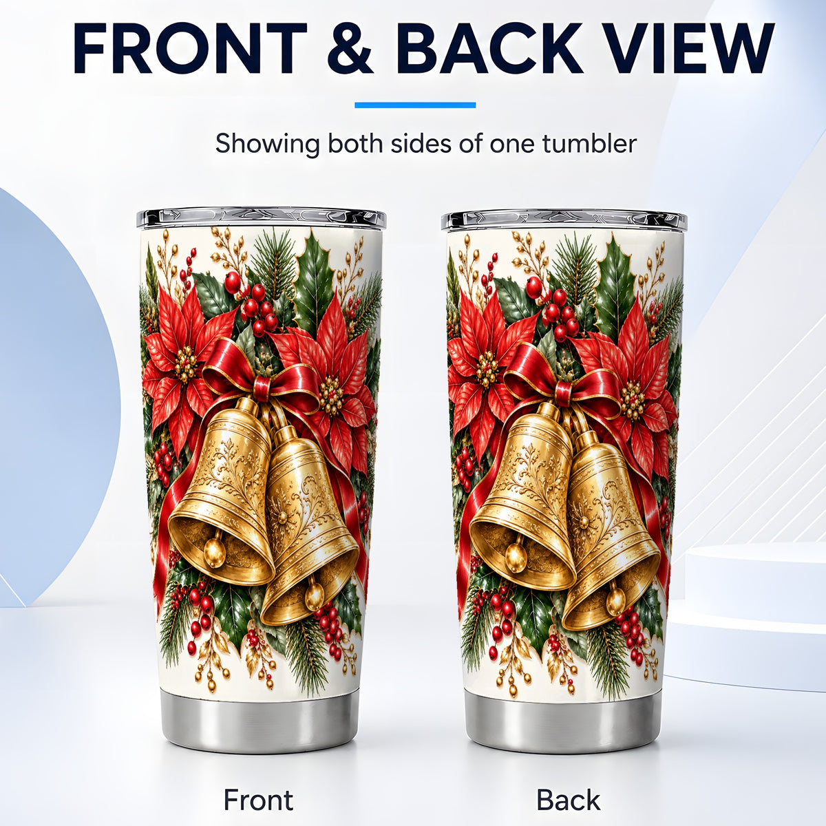 #pl[20oz|Steel] Golden Christmas Bells Tumbler 20oz, Holiday Stainless Steel Travel Cup