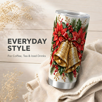 Golden Christmas Bells Tumbler 20oz, Holiday Stainless Steel Travel Cup