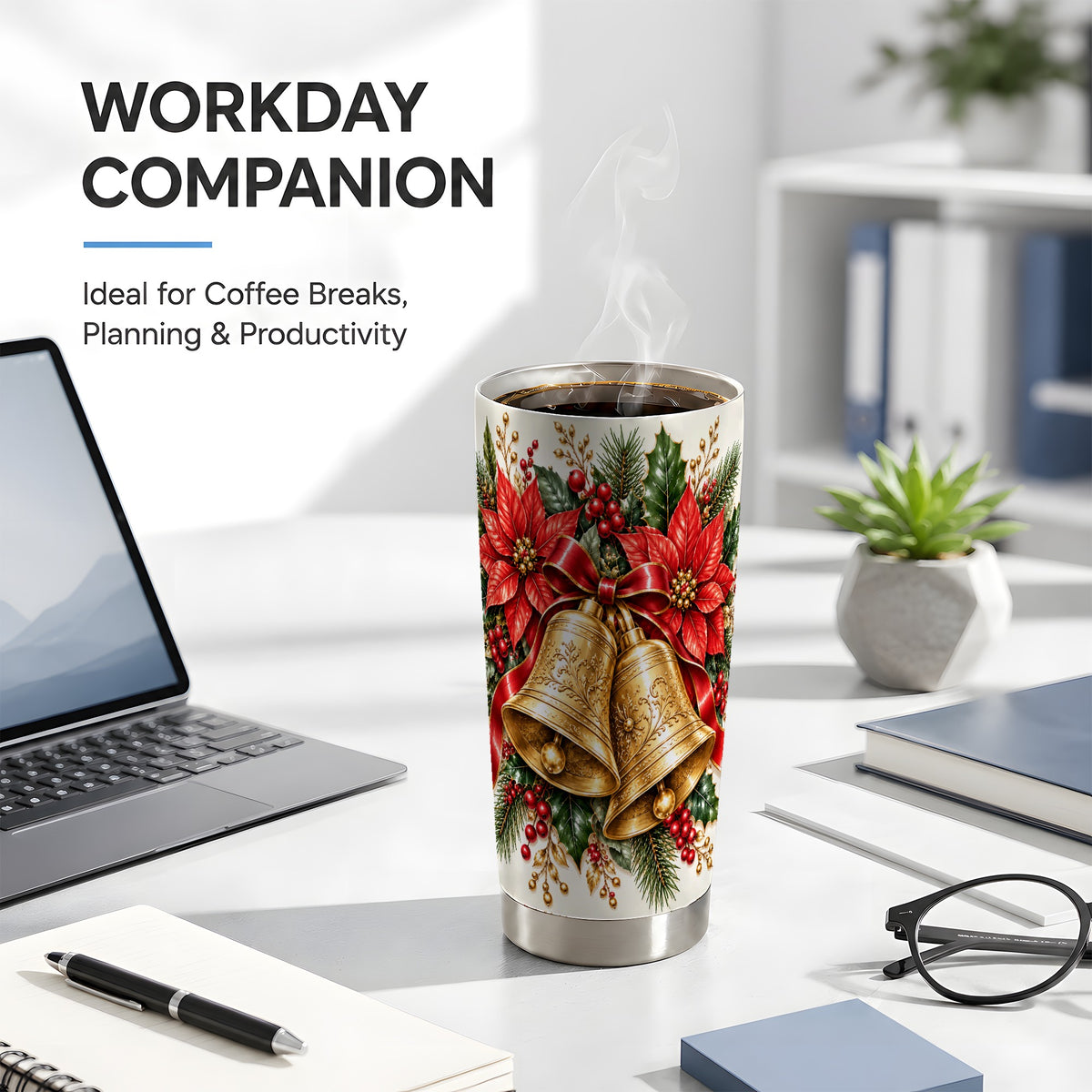 Golden Christmas Bells Tumbler 20oz, Holiday Stainless Steel Travel Cup