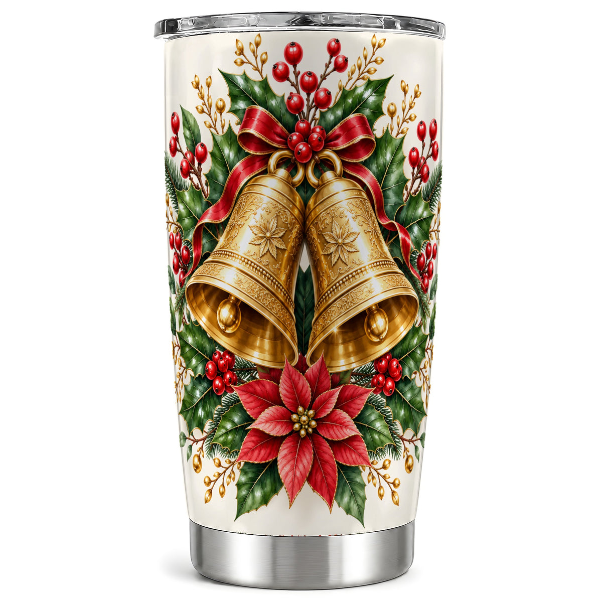 Vintage Christmas Bells Tumbler 20oz, Floral Stainless Steel Travel Cup