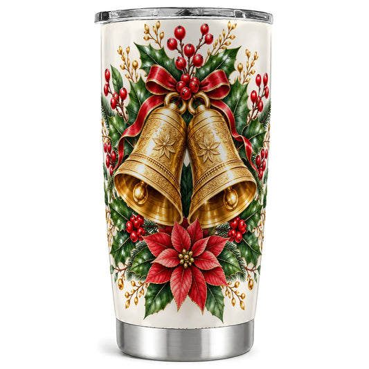 Vintage Christmas Bells Tumbler 20oz, Floral Stainless Steel Travel Cup
