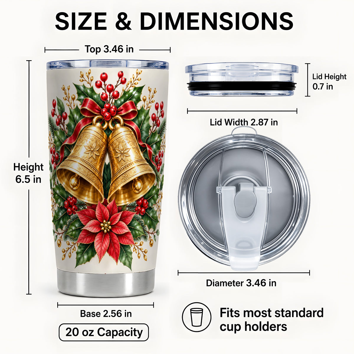 #pl[20oz|Steel] Vintage Christmas Bells Tumbler 20oz, Floral Stainless Steel Travel Cup