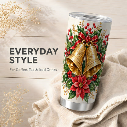 Vintage Christmas Bells Tumbler 20oz, Floral Stainless Steel Travel Cup
