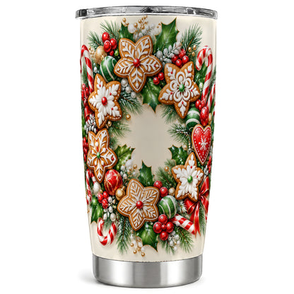 Gingerbread Wreath Tumbler 20oz, Candy Cane Stainless Steel Travel Cup