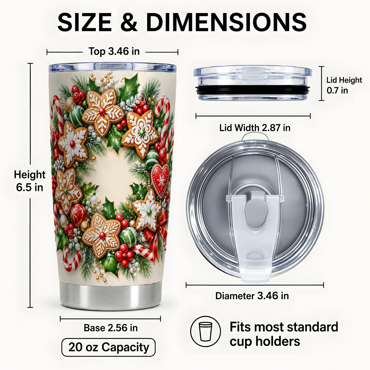 #pl[20oz|Steel] Gingerbread Wreath Tumbler 20oz, Candy Cane Stainless Steel Travel Cup