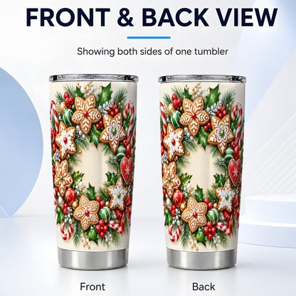 #pl[20oz|Steel] Gingerbread Wreath Tumbler 20oz, Candy Cane Stainless Steel Travel Cup