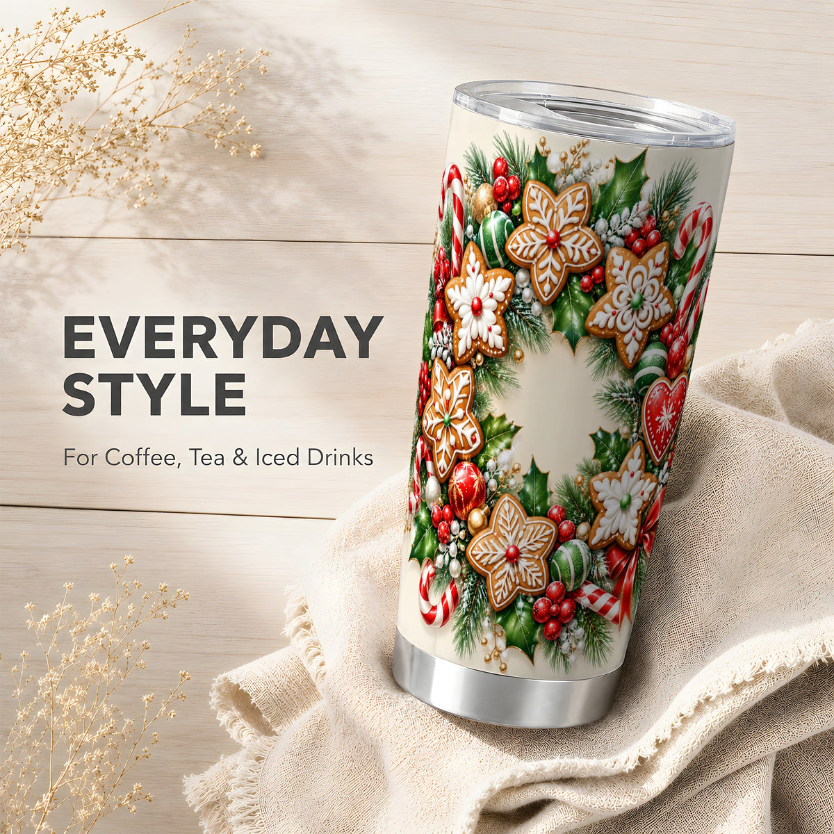 Gingerbread Wreath Tumbler 20oz, Candy Cane Stainless Steel Travel Cup