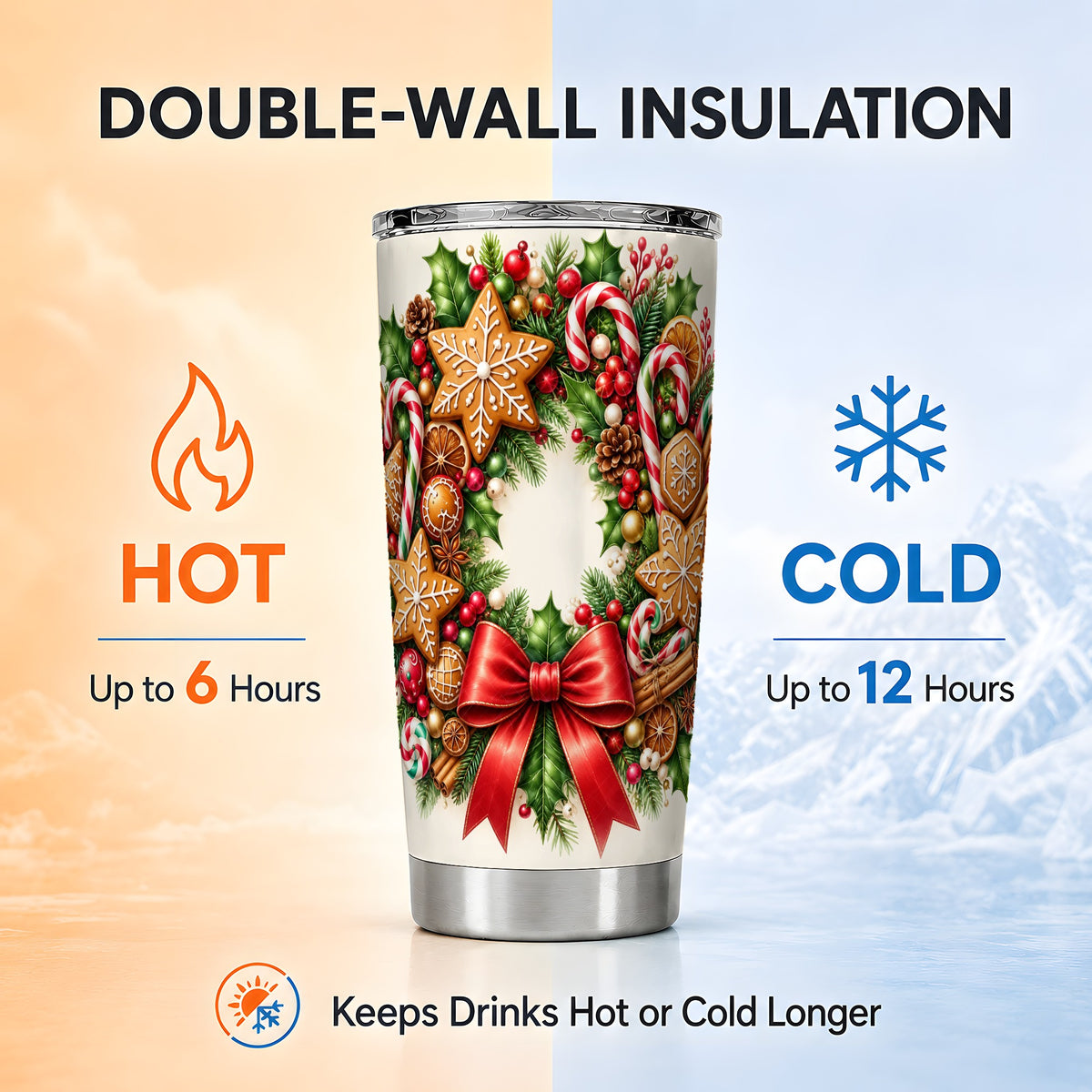 Rustic Christmas Tumbler 20oz, Gingerbread Stainless Steel Travel Cup