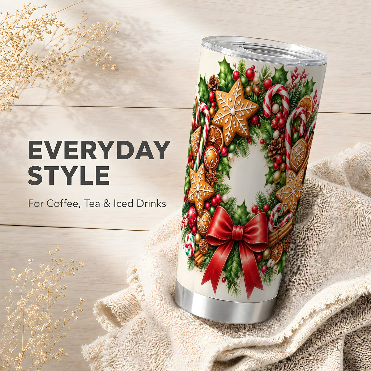 Rustic Christmas Tumbler 20oz, Gingerbread Stainless Steel Travel Cup