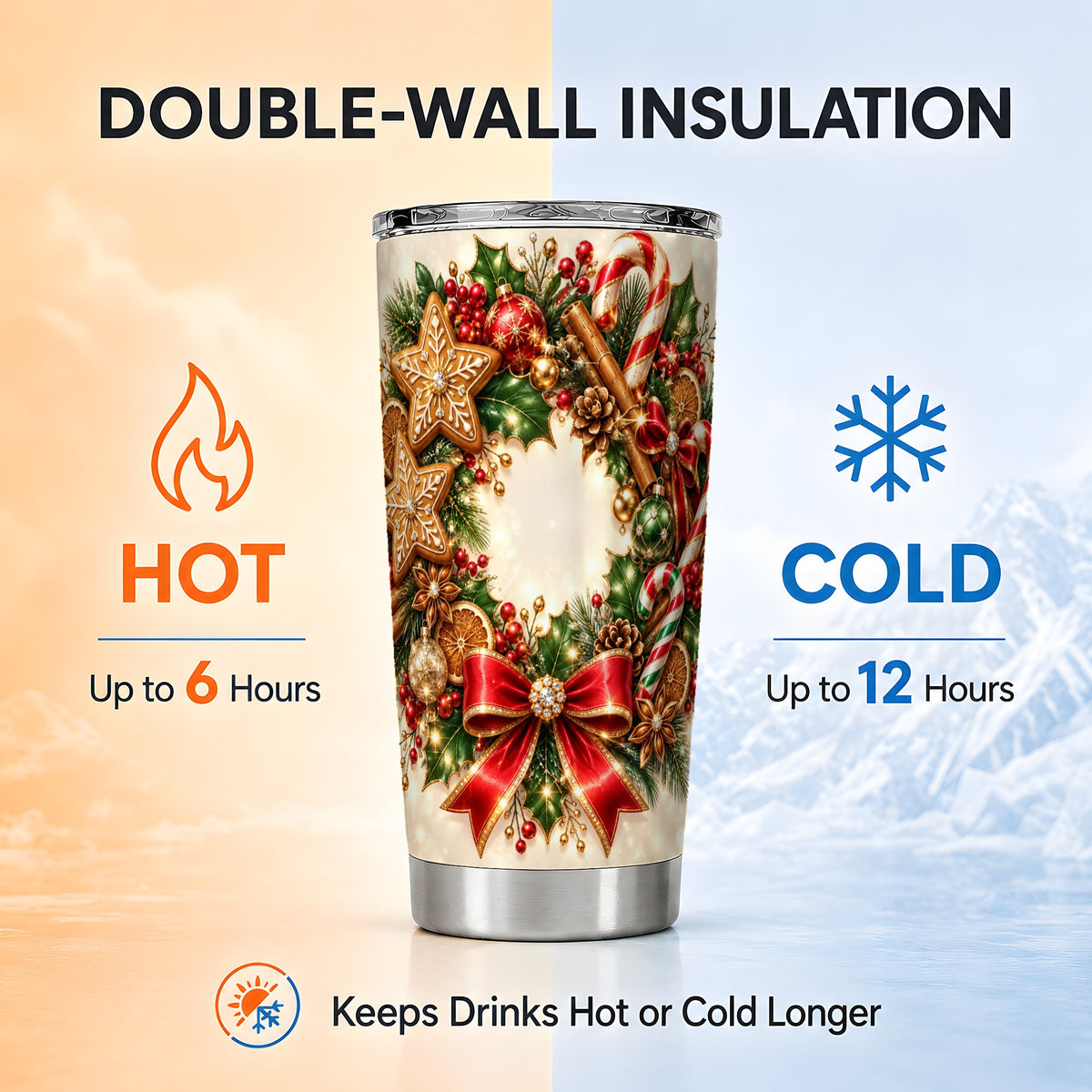 Christmas Wreath Tumbler 20oz, Gingerbread Stainless Steel Travel Cup
