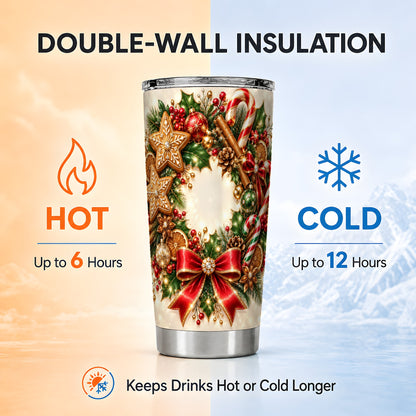 Christmas Wreath Tumbler 20oz, Gingerbread Stainless Steel Travel Cup