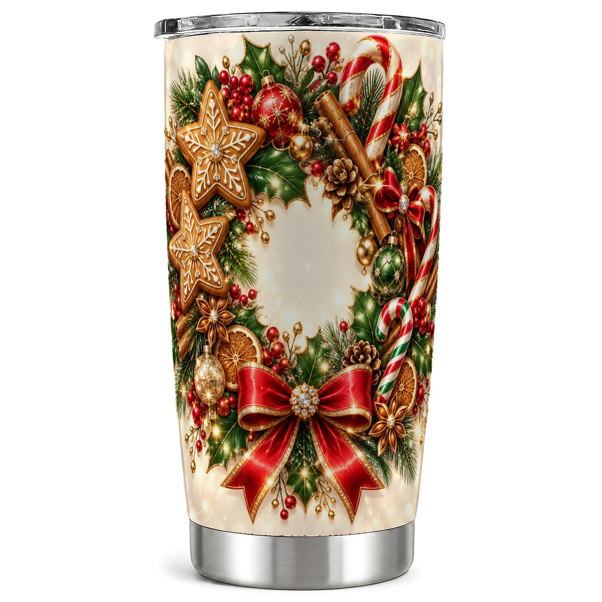 Christmas Wreath Tumbler 20oz, Gingerbread Stainless Steel Travel Cup