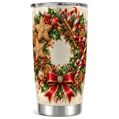Christmas Wreath Tumbler 20oz, Gingerbread Stainless Steel Travel Cup