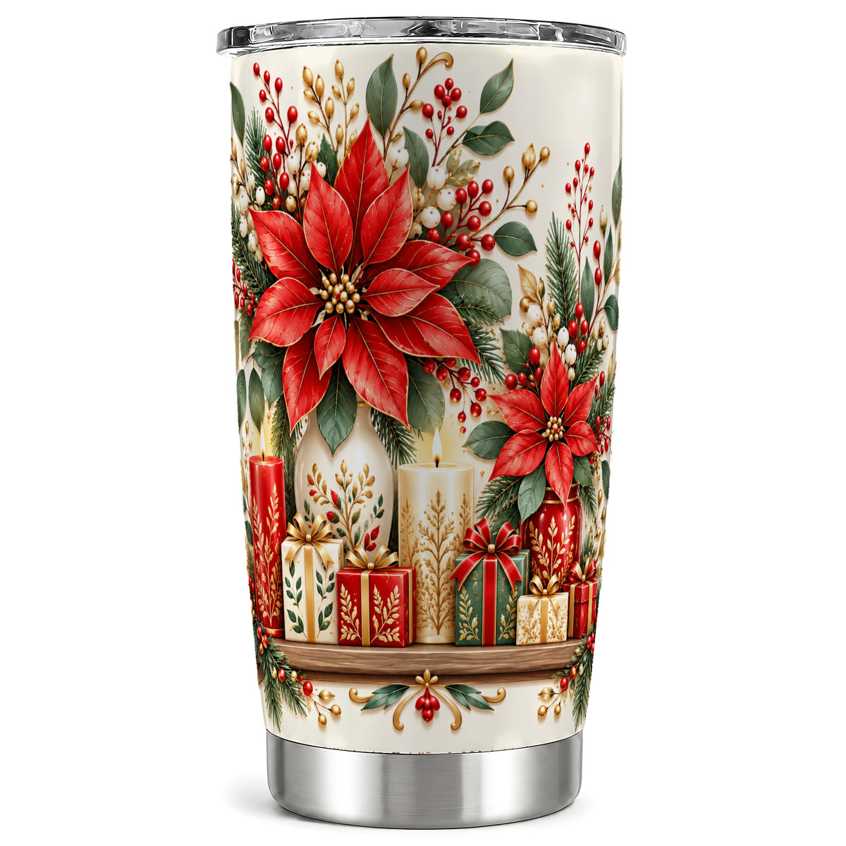 Christmas Poinsettia Tumbler 20oz, Floral Stainless Steel Travel Cup