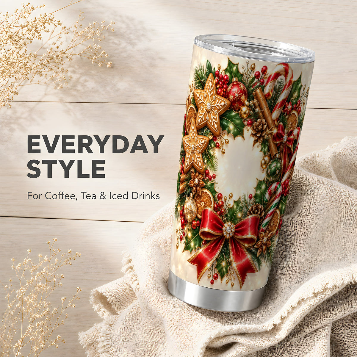 Christmas Wreath Tumbler 20oz, Gingerbread Stainless Steel Travel Cup