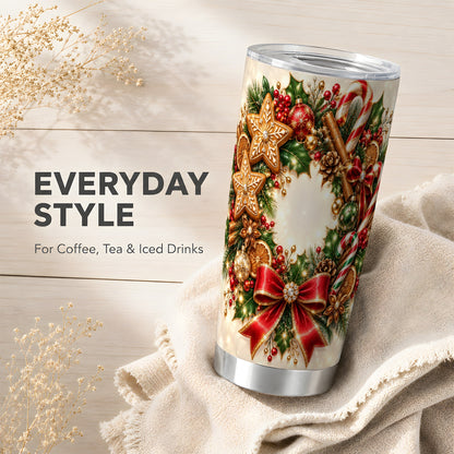 Christmas Wreath Tumbler 20oz, Gingerbread Stainless Steel Travel Cup