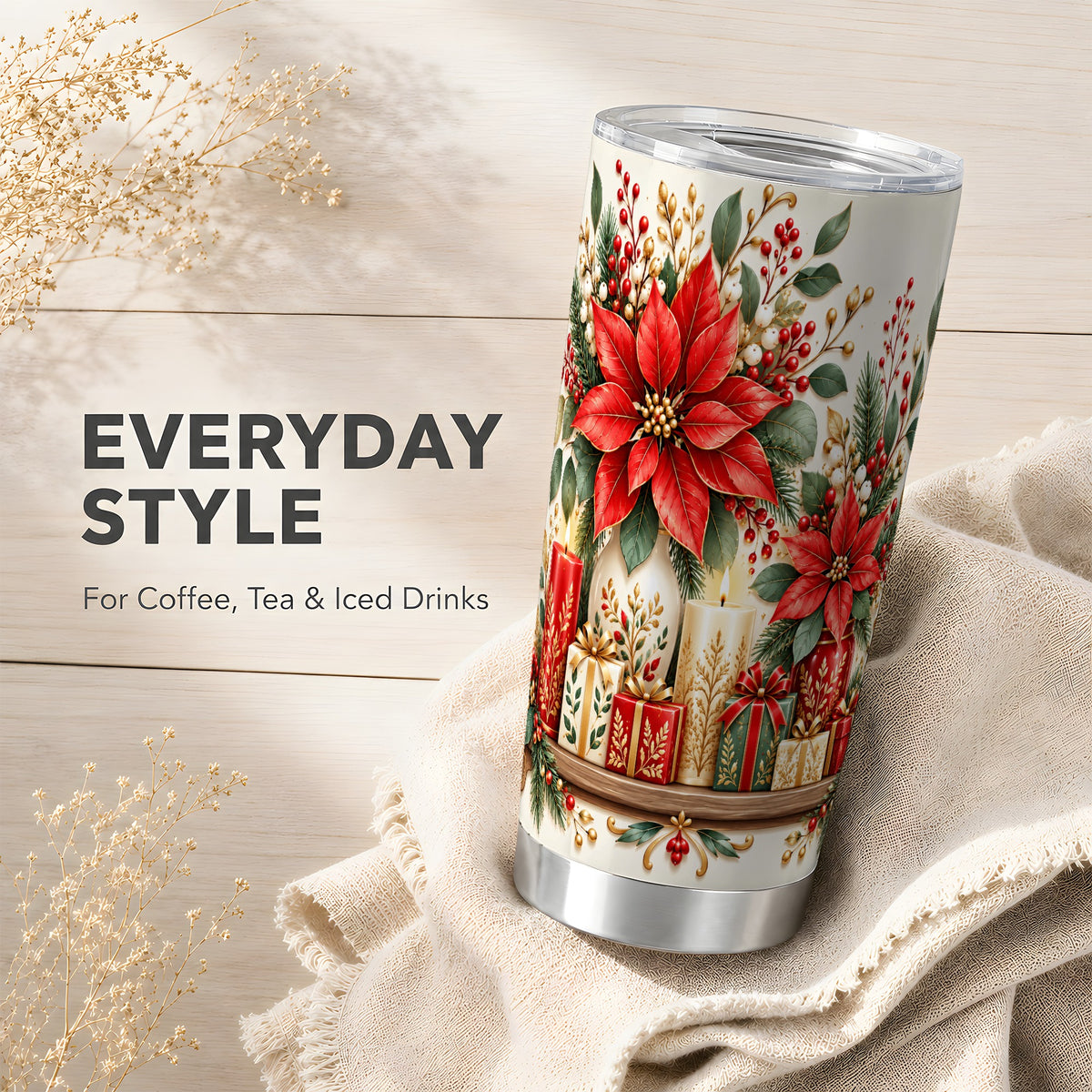 Christmas Poinsettia Tumbler 20oz, Floral Stainless Steel Travel Cup