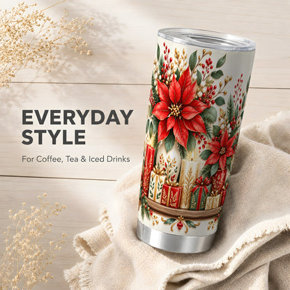 Christmas Poinsettia Tumbler 20oz, Floral Stainless Steel Travel Cup