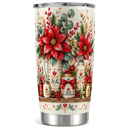 Christmas Poinsettia Tumbler 20oz, Rustic Stainless Steel Travel Cup