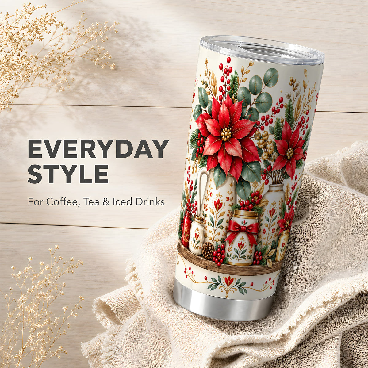 Christmas Poinsettia Tumbler 20oz, Rustic Stainless Steel Travel Cup