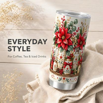 Christmas Poinsettia Tumbler 20oz, Rustic Stainless Steel Travel Cup